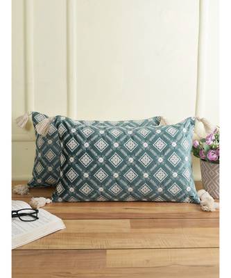 Eyda Super Soft Green Color Set of 2 Embroidered Cushion Cover 3
