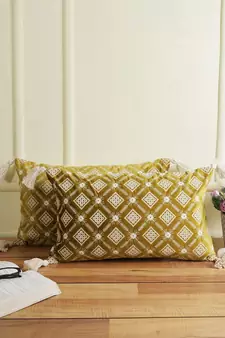 Eyda Super Soft Green Color Set of 2 Embroidered Cushion Cover