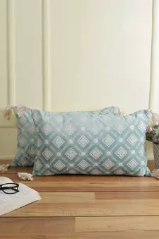 Eyda Super Soft Turquoise Blue Color Set of 2 Embroidered Cushion Cover