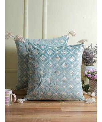 Eyda Super Soft Turquoise Blue Color Set of 2 Embroidered Cushion Cover 3