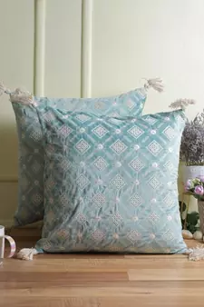 Eyda Super Soft Turquoise Blue Color Set of 2 Embroidered Cushion Cover