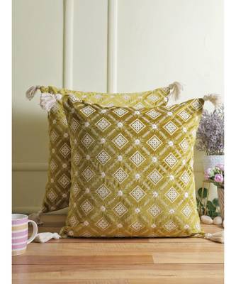 Eyda Super Soft Green Color Set of 2 Embroidered Cushion Cover 3
