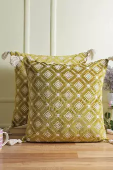 Eyda Super Soft Green Color Set of 2 Embroidered Cushion Cover