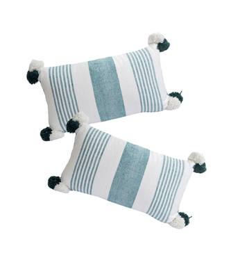 Eyda Decorative White and Green Striped Set of 2 Cushion Cover 2