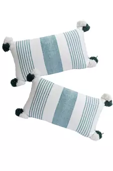 Eyda Decorative White and Green Striped Set of 2 Cushion Cover