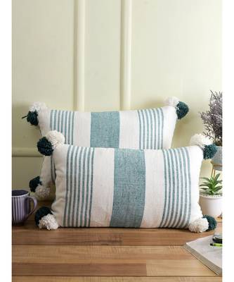 Eyda Decorative White and Green Striped Set of 2 Cushion Cover 3