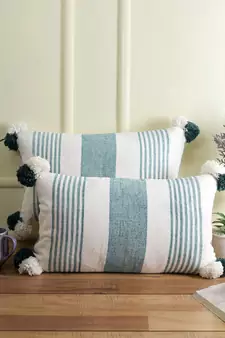 Eyda Decorative White and Green Striped Set of 2 Cushion Cover