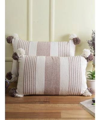 Eyda Decorative White and Brown Color Striped Set of 2 Cushion Cover 3