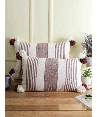 Eyda Decorative White and Brown Color Striped Set of 2 Cushion Cover 3