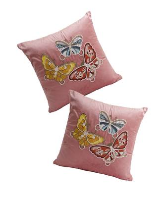 Eyda Velvet Pink Color Beaded Sequin Set of 2 Cushion Cover 2