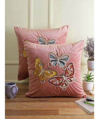 Eyda Velvet Pink Color Beaded Sequin Set of 2 Cushion Cover 3