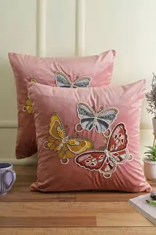 Eyda Velvet Pink Color Beaded Sequin Set of 2 Cushion Cover