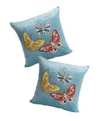 Eyda Velvet Turquoise Blue Color Beaded Sequin Set of 2 Cushion Cover 1
