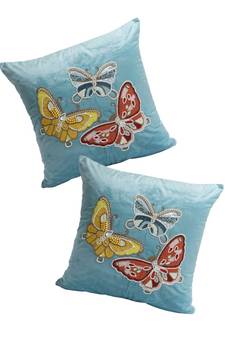 Eyda Velvet Turquoise Blue Color Beaded Sequin Set of 2 Cushion Cover