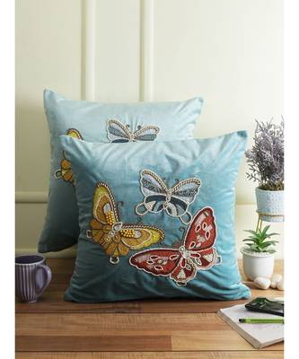 Eyda Velvet Turquoise Blue Color Beaded Sequin Set of 2 Cushion Cover 3