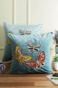 Eyda Velvet Turquoise Blue Color Beaded Sequin Set of 2 Cushion Cover