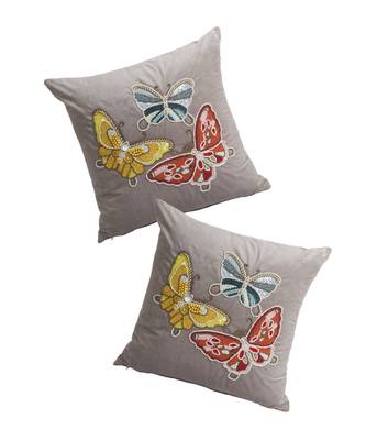 Eyda Velvet Grey Color Beaded Sequin Set of 2 Cushion Cover 1