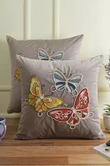 Eyda Velvet Grey Color Beaded Sequin Set of 2 Cushion Cover