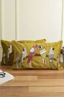 Eyda Velvet Olive Green Color Beaded Sequin Set of 2 Cushion Cover
