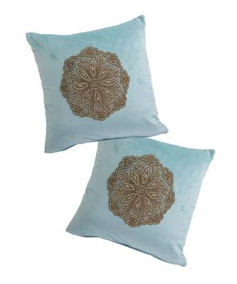 Eyda Velvet Aqua Color Beaded Cushion Cover Set of 2 1