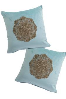 Eyda Velvet Aqua Color Beaded Cushion Cover Set of 2