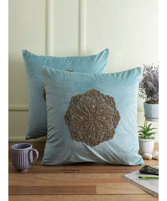 Eyda Velvet Aqua Color Beaded Cushion Cover Set of 2 3