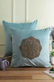 Eyda Velvet Aqua Color Beaded Cushion Cover Set of 2