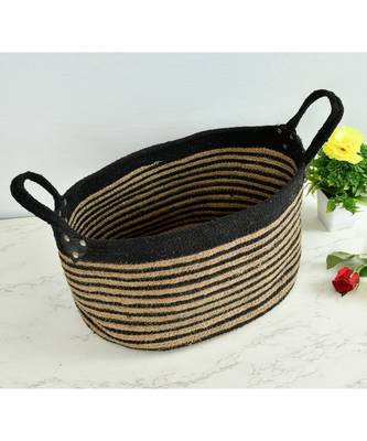 Jute Cotton Oval Basket, Black, handles, 15.7 x 11.8 x 8.7 1