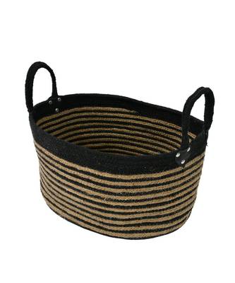 Jute Cotton Oval Basket, Black, handles, 15.7 x 11.8 x 8.7 2