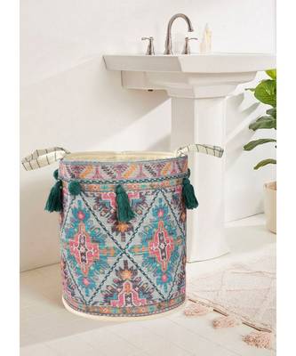 Canvas Printed Storage Basket, Multicolor, Handles, Tassles, 16x18 inches 1