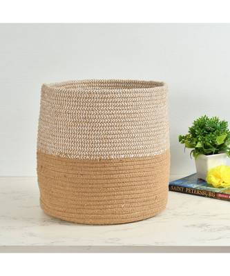Top Criss Cross Round Basket, White, Beige, 12x12 1