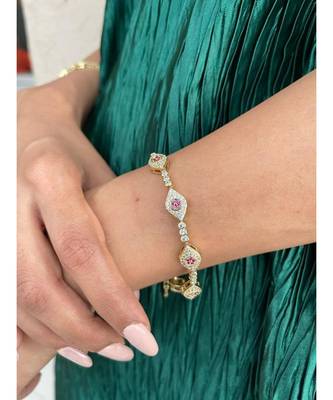 Yellow Gold Plated Pink Crystal Evil Eye Emira Bracelet 3