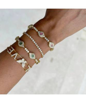 Yellow Gold Plated Green Crystal Evil Eye Emira Bracelet 3