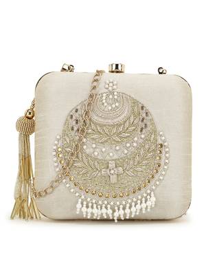 Vista Off White & Gold Embellished Faux Silk Clutch 1