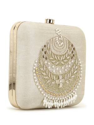 Vista Off White & Gold Embellished Faux Silk Clutch 2