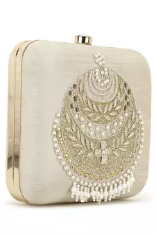 Vista Off White & Gold Embellished Faux Silk Clutch