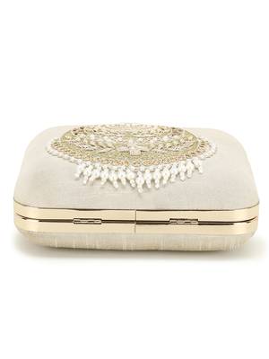 Vista Off White & Gold Embellished Faux Silk Clutch 5
