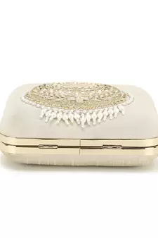 Vista Off White & Gold Embellished Faux Silk Clutch