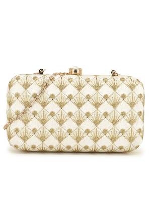 Anekaant Hue White & Gold Embroidered Faux Silk Clutch 1