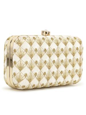 Anekaant Hue White & Gold Embroidered Faux Silk Clutch 2
