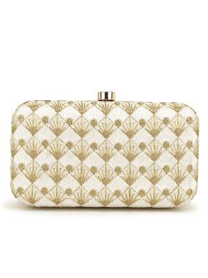 Anekaant Hue White & Gold Embroidered Faux Silk Clutch 3