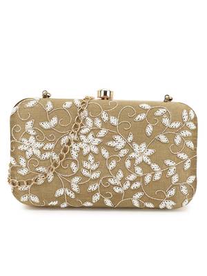 Anekaant Adorn Beige & White Botanical Embellished Faux Silk Clutch 1