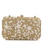 Anekaant Adorn Beige & White Botanical Embellished Faux Silk Clutch