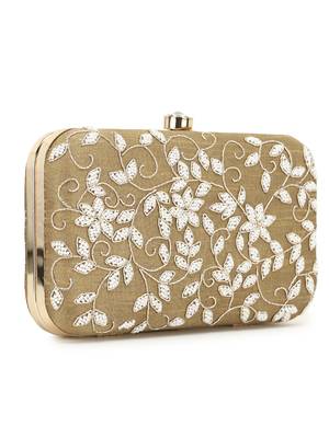 Anekaant Adorn Beige & White Botanical Embellished Faux Silk Clutch 2