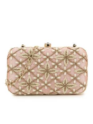 Anekaant Adorn Pastel Pink & Gold Embellished Faux Silk Clutch 1