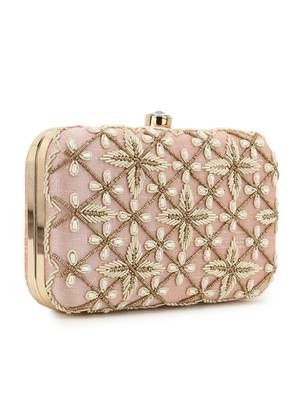 Anekaant Adorn Pastel Pink & Gold Embellished Faux Silk Clutch 2