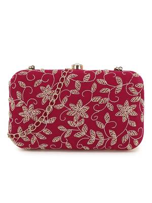Anekaant Adorn Magenta & Gold Botanical Embellished Velvet Clutch 1