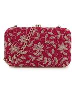 Anekaant Adorn Magenta & Gold Botanical Embellished Velvet Clutch
