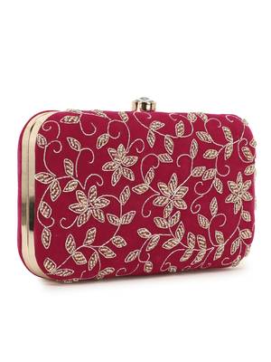 Anekaant Adorn Magenta & Gold Botanical Embellished Velvet Clutch 2