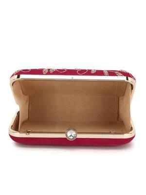 Anekaant Adorn Magenta & Gold Botanical Embellished Velvet Clutch 4